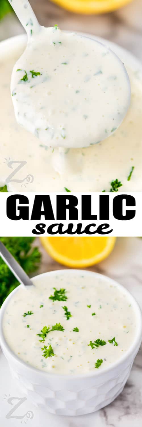 plated Homemade Garlic Sauce and in a spoon with a title