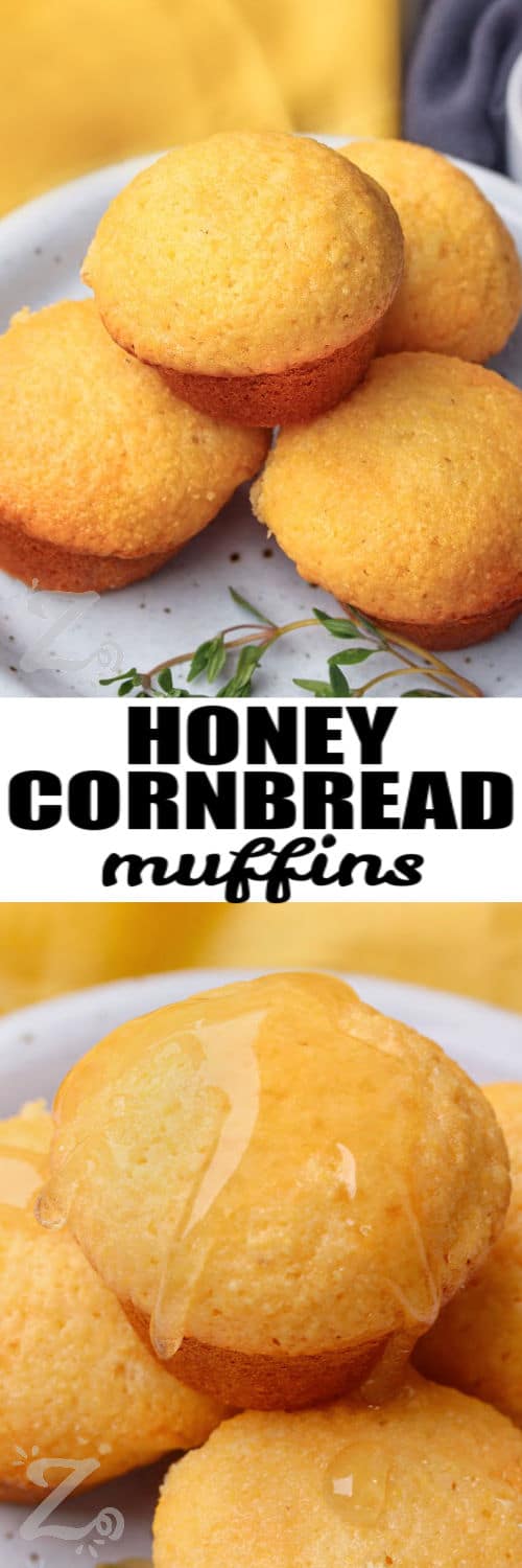plated Honey Cornbread Muffin and muffin with honey on top and a title