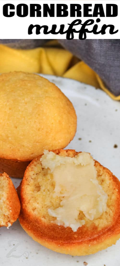 Honey Cornbread Muffin with butter on top with a title