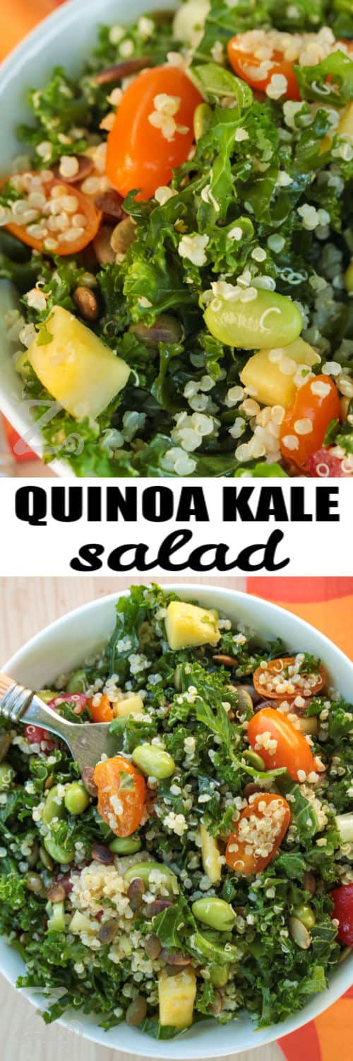 Kale Quinoa Salad in a bowl and close up with a title