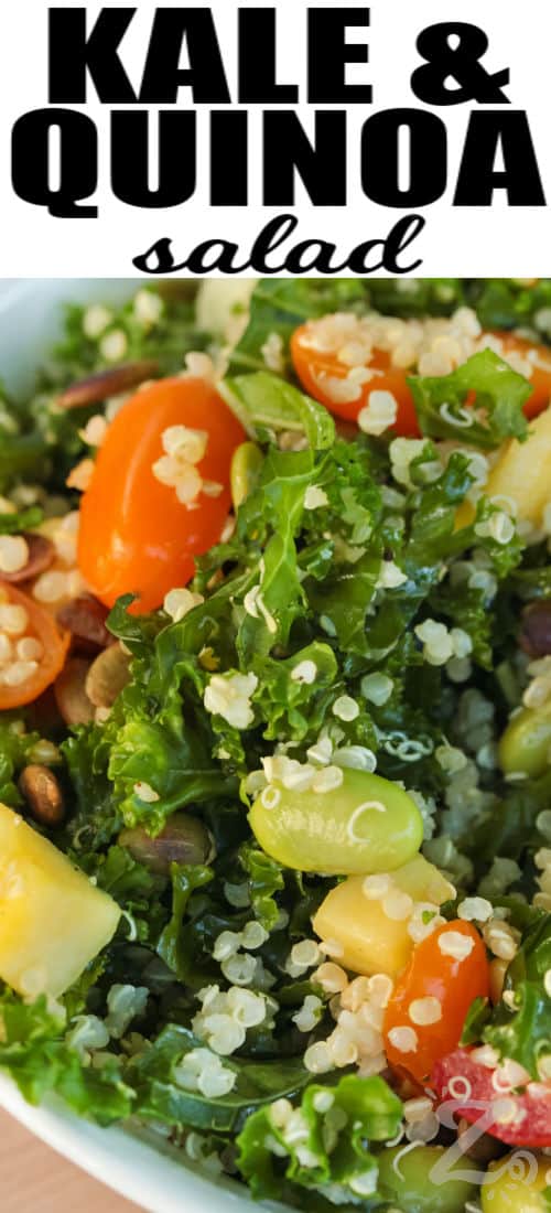 close up of Kale Quinoa Salad with nuts and a title