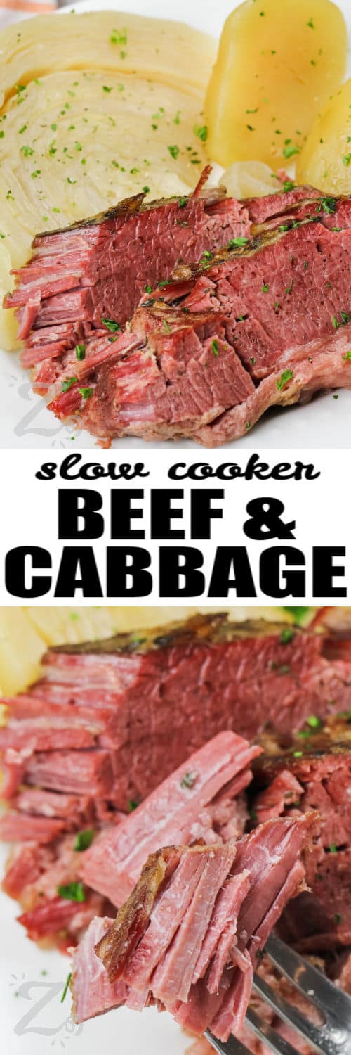 Slow Cooker Corned Beef and Cabbage on a plate and on a fork with writing