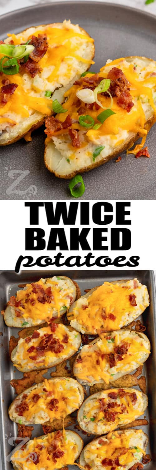 Twice Baked Potatoes on a sheet pan and plated with a title