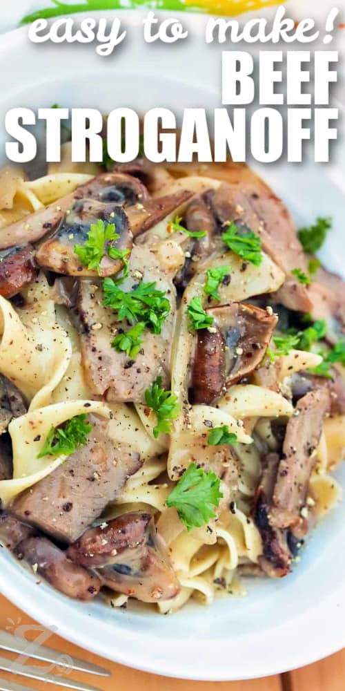 easy to make Beef Stroganoff with writing