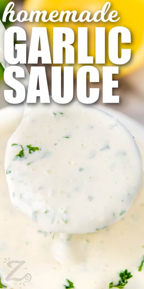 spoon of Homemade Garlic Sauce with a title
