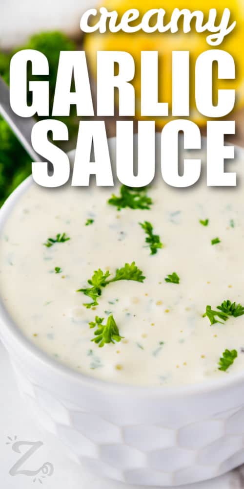 close up of creamy Homemade Garlic Sauce with a title