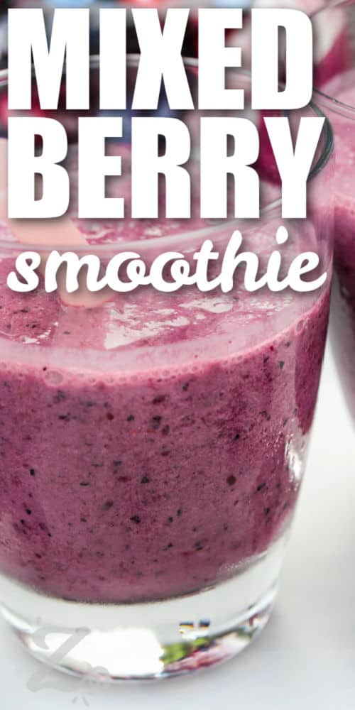 easy Mixed Berry Smoothie with a straw and a title