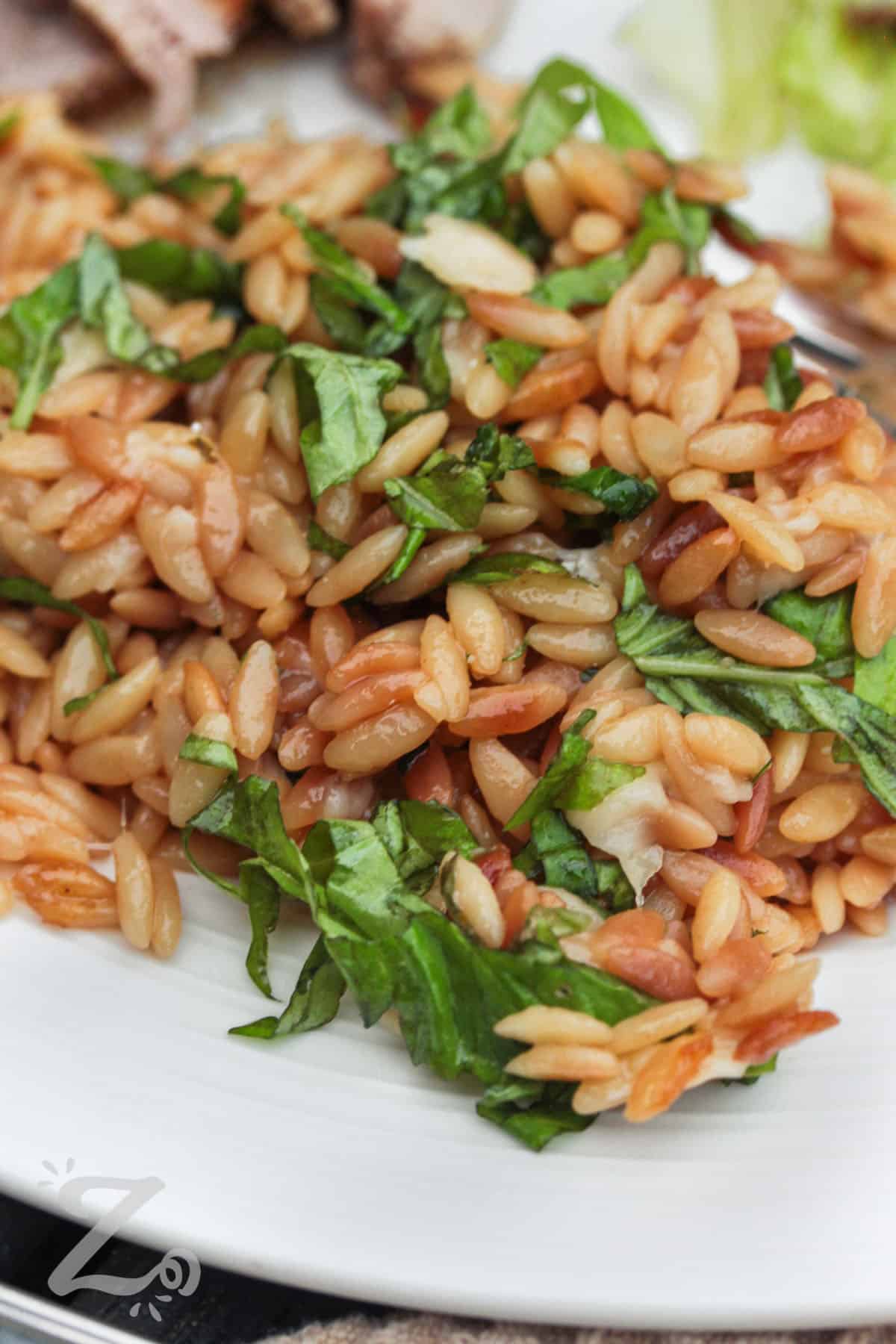 plated parmesan orzo with basil