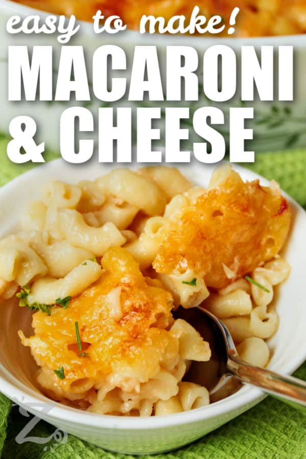 plated Homemade Baked Macaroni and Cheese with writing