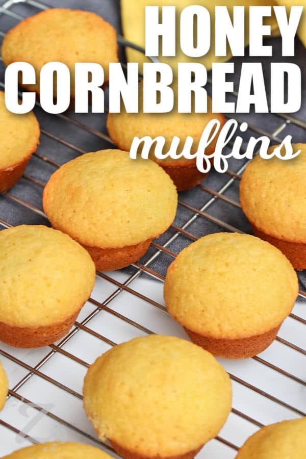 Honey Cornbread Muffin on a cooling rack with a title