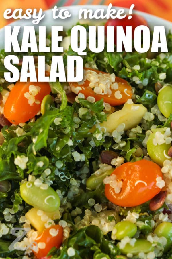 close up of Kale Quinoa Salad with writing