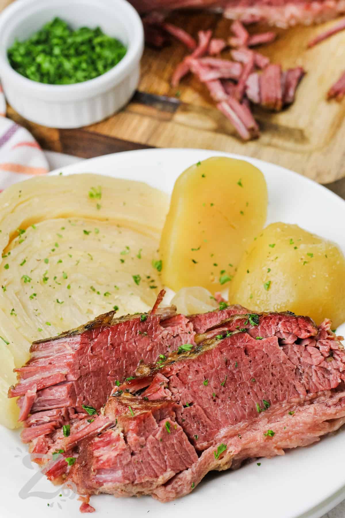 plated Slow Cooker Corned Beef and Cabbage