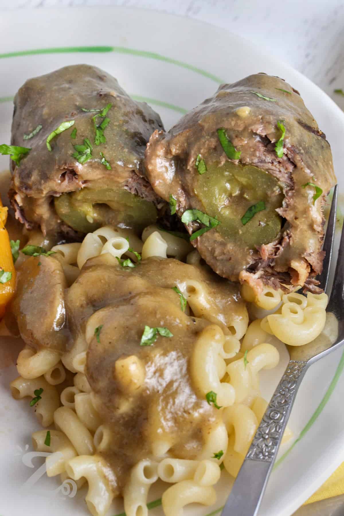 plated Beef Rouladen with macaroni