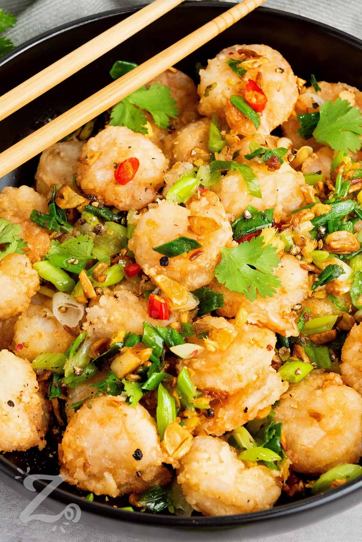 a bowl of Chinese salt and pepper shrimp