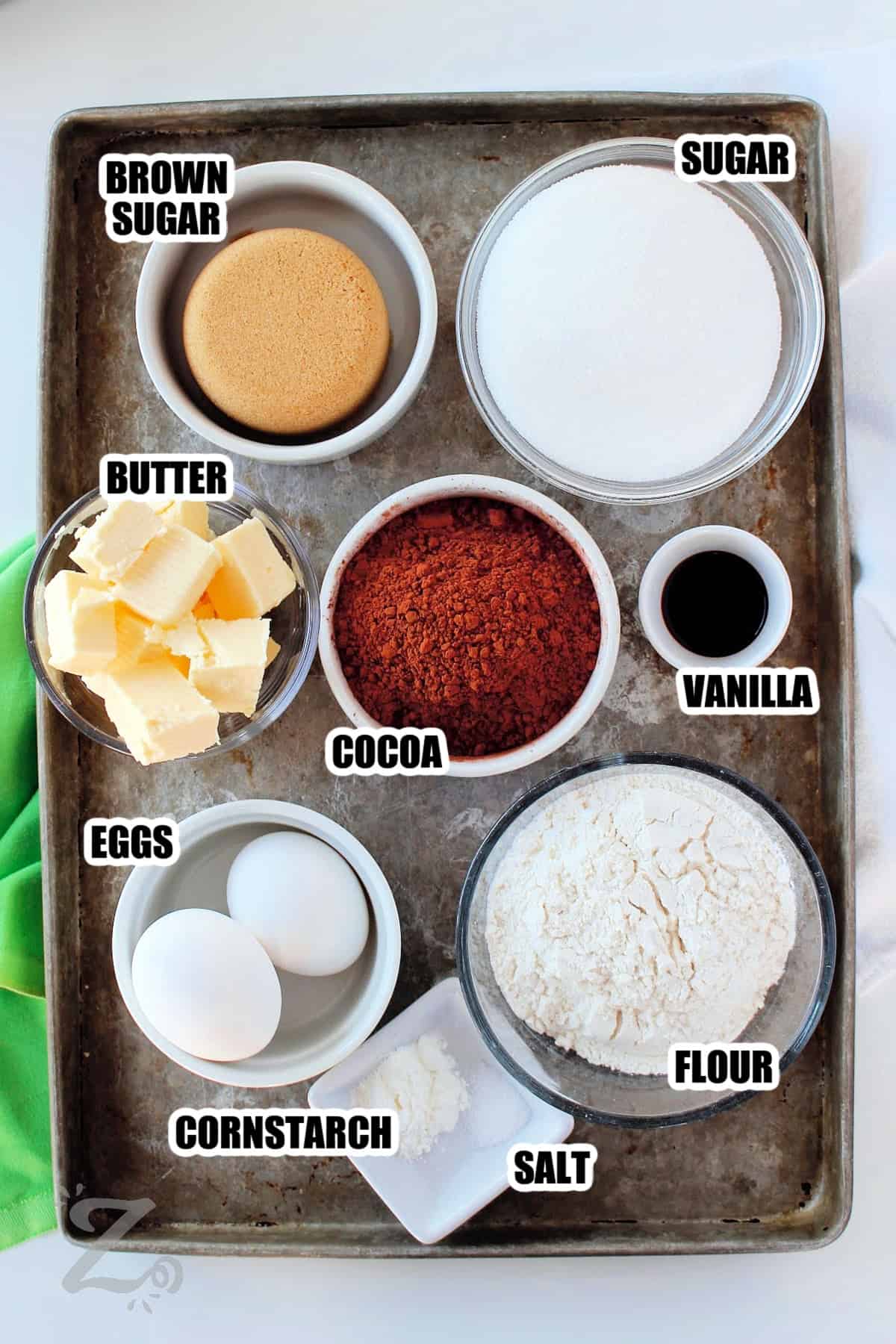 brown sugar, granulated sugar, vanilla, flour, salt, cornstarch, eggs, butter and cocoa to make cosmic brownie recipe