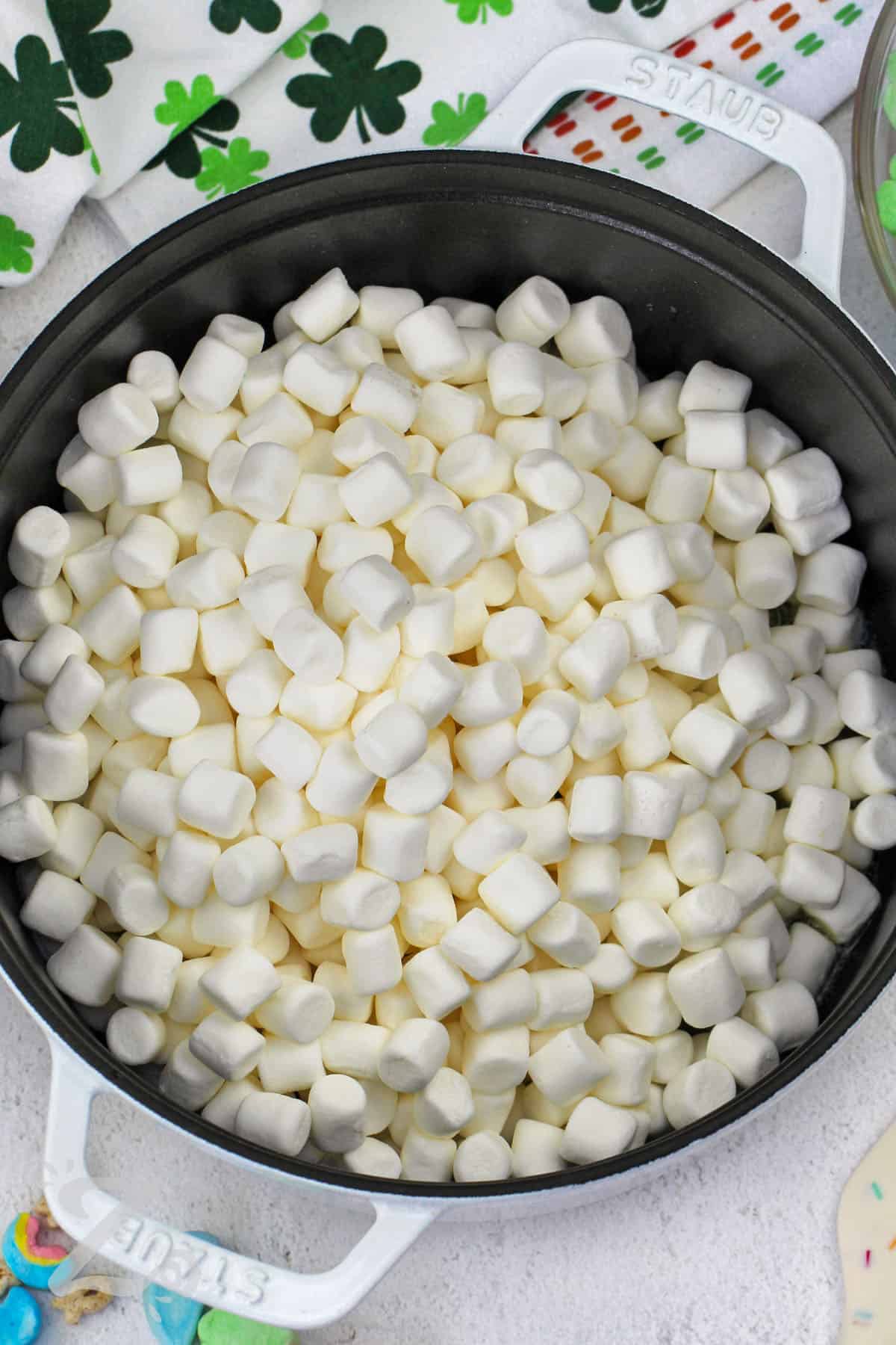 marshmallows in pot to make Homemade Lucky Charms Bars