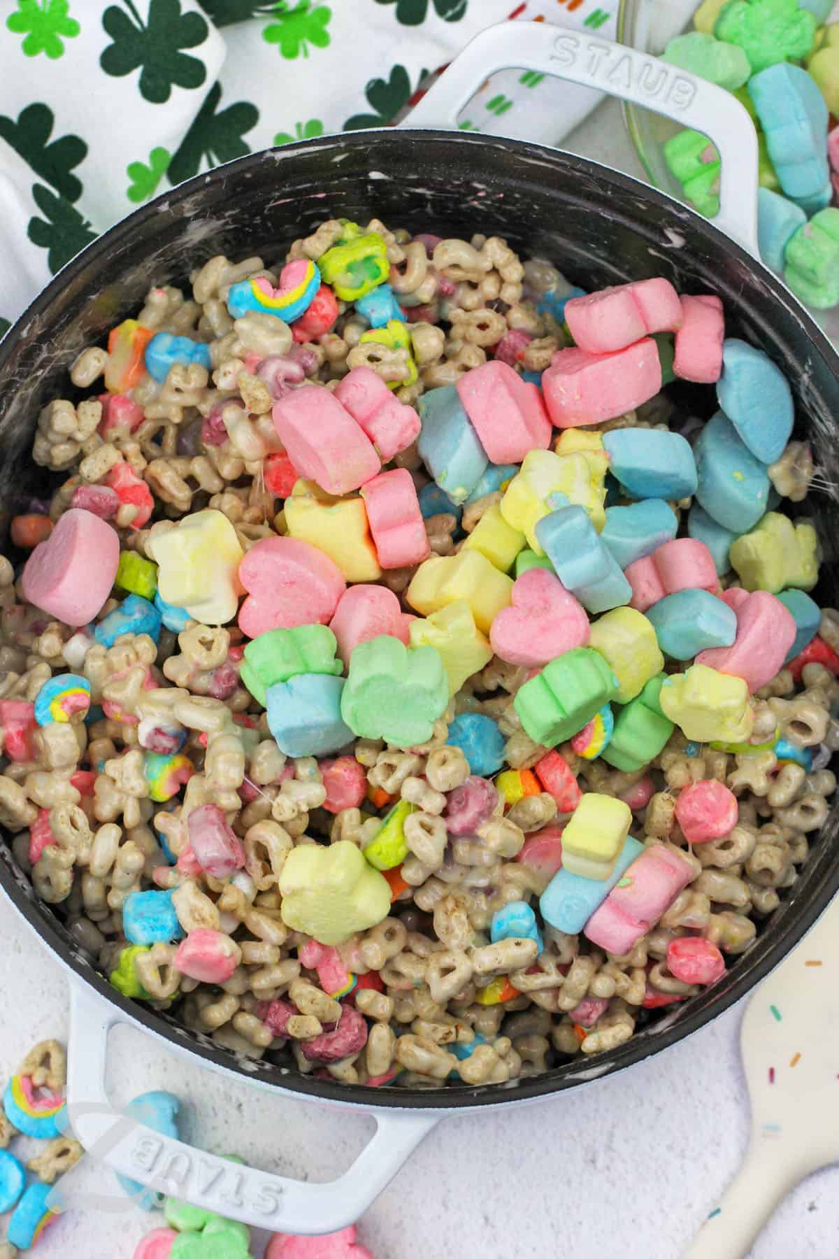adding marshmallows to Homemade Lucky Charms Bars ingredients