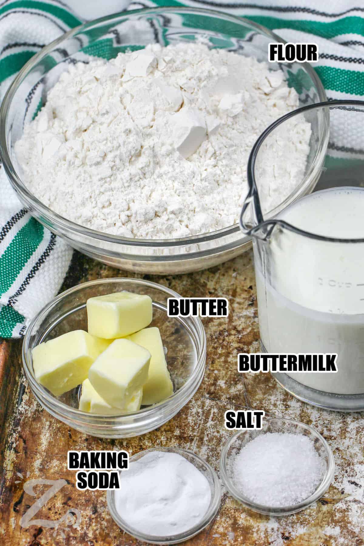 flour , buttermilk , butter , baking soda , salt with labels to make Irish Soda Bread