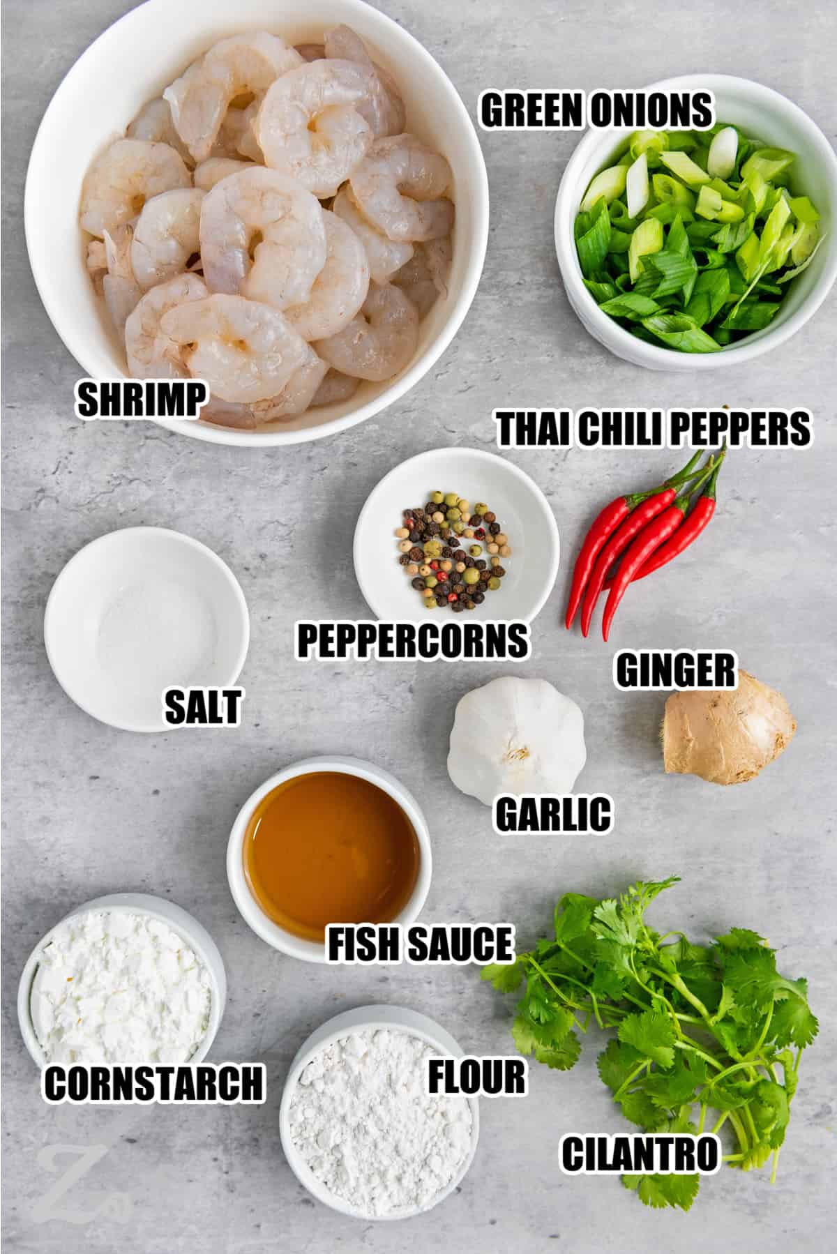 ingredients to make Chinese salt and pepper shrimp labeled: green onions, shrimp, Thai chili peppers, peppercorns, salt, garlic, ginger, fish sauce, cornstarch, flour and cilantro.