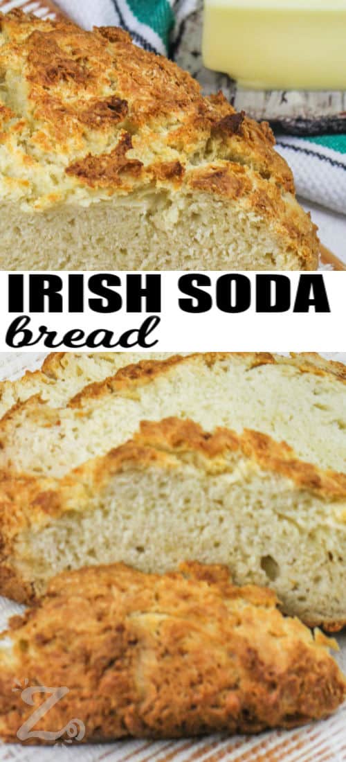 loaf of Best Irish Soda Bread Recipe cut into slices with a title