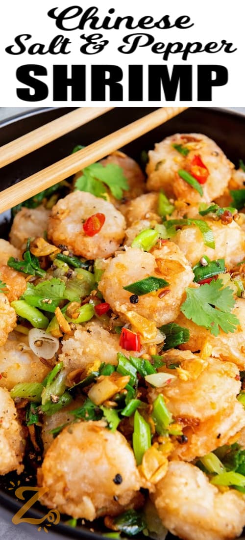 Chinese salt and pepper shrimp with chopsticks and a title