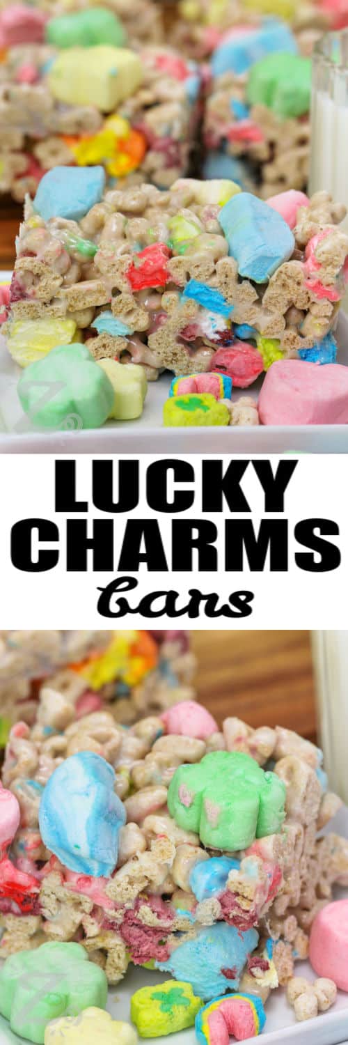 Homemade Lucky Charms Bars on a plate and close up photo with a title