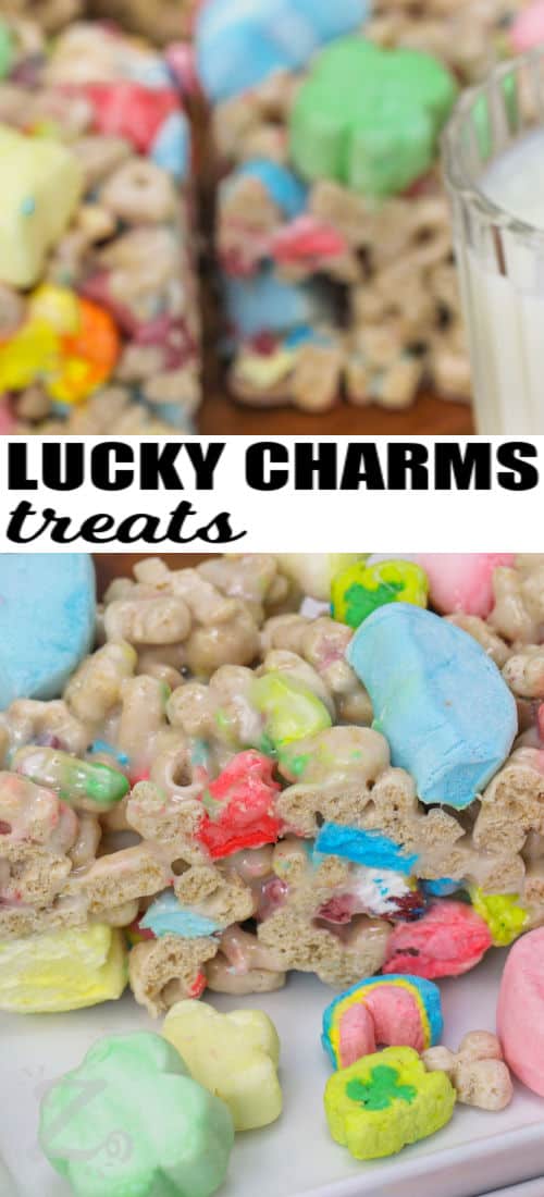close up of Homemade Lucky Charms Bars with a title