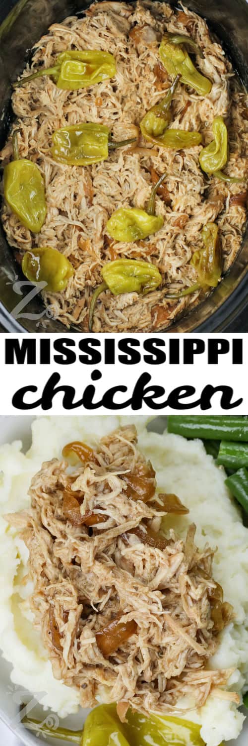 Mississippi Chicken in the slow cooker and plated with title