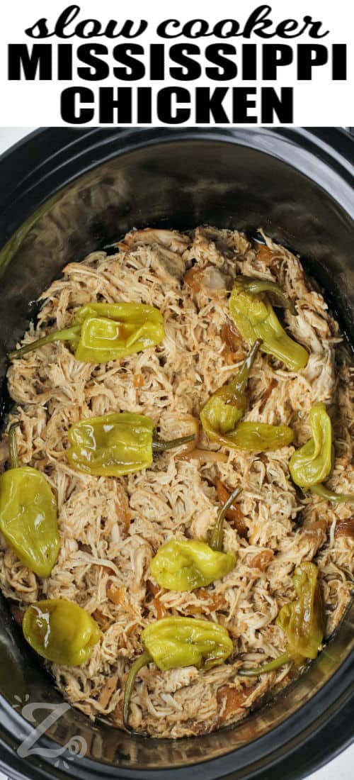 slow cooker Mississippi Chicken with writing