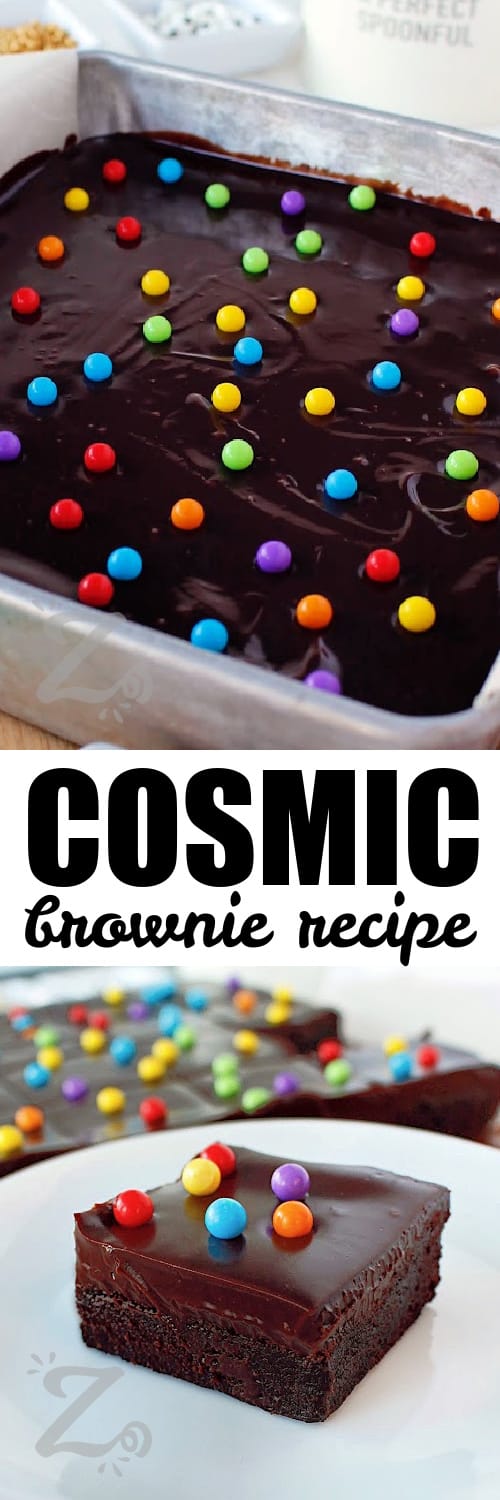 cosmic brownies recipe in a parchment lined pan, and one piece on a white plate under the title
