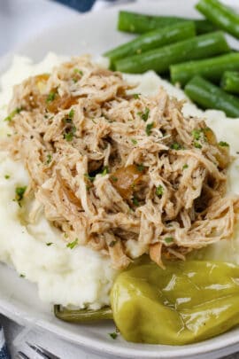 Mississippi Chicken with mashed potatoes and green beans