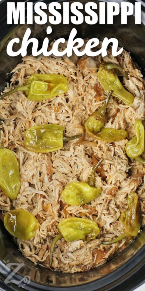 shredded chicken in the slow cooker to make Mississippi Chicken with a title
