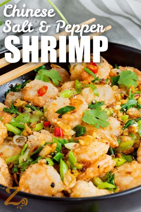 Chinese salt and pepper shrimp in a bowl with a title