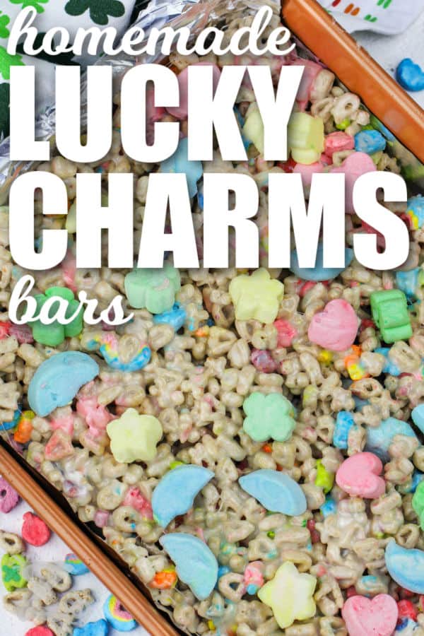 Homemade Lucky Charms Bars in the dish with writing