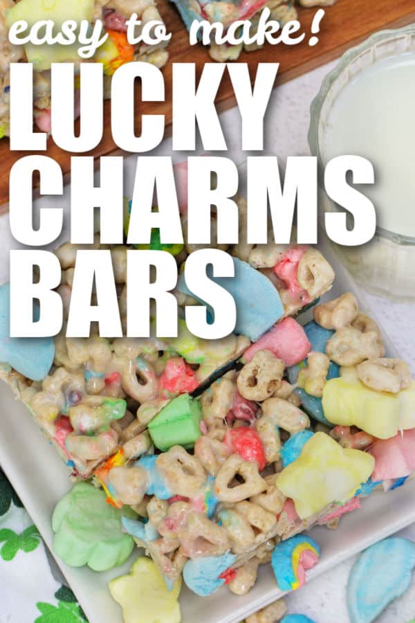 Homemade Lucky Charms Bars with glass of milk and writing