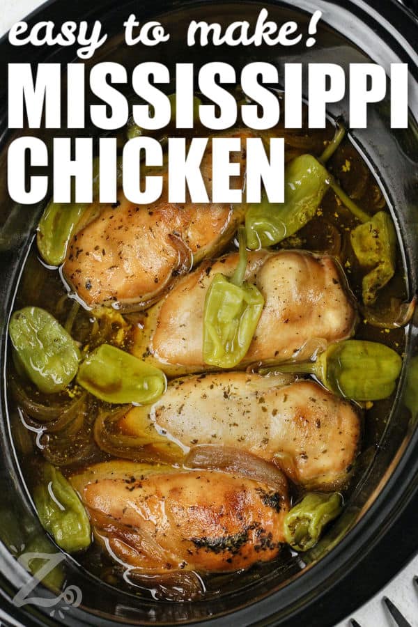 cooked chicken in the crockpot to make Mississippi Chicken with a title
