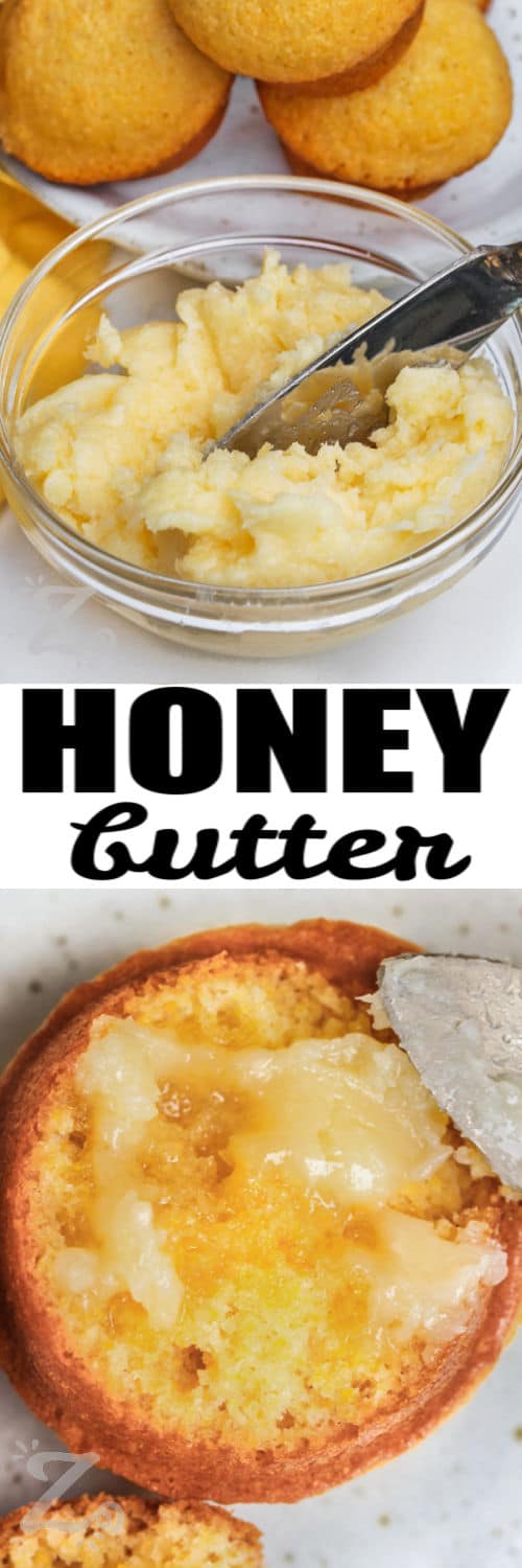 Honey Butter in a bowl and on a muffin with a title