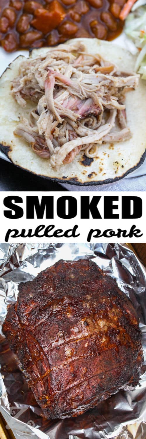 cooked Smoked Pulled Pork in tin foil and plated dish with a title