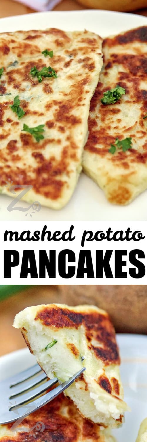Leftover Mashed Potato Pancakes garnished with parsley, and a fork with mashed potato pancakes on it under the title