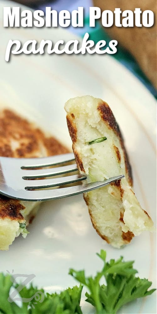 a forkful of Leftover Mashed Potato Pancakes with a title