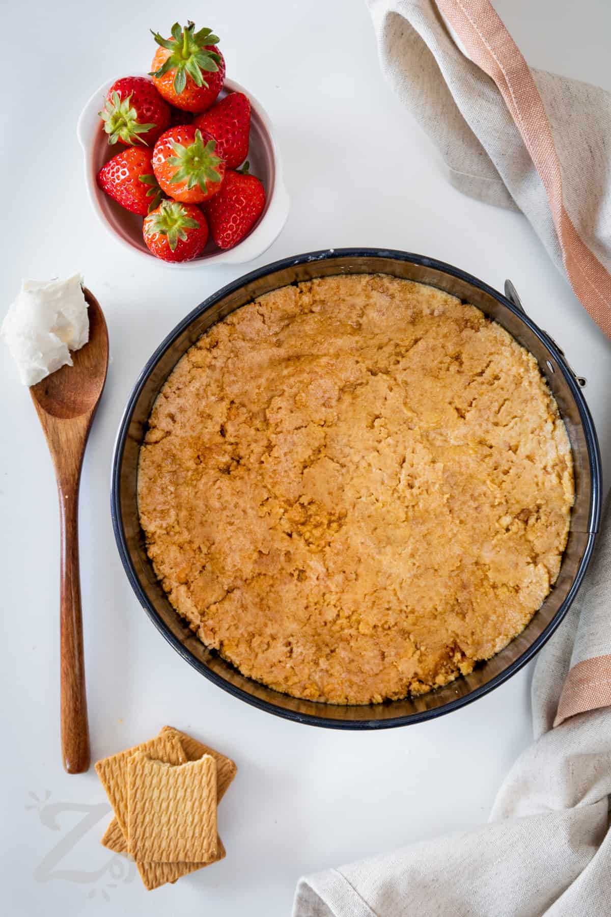 no bake strawberry cheesecake crust pressed into a spring form pan