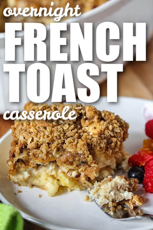 Overnight apple French toast casserole on a plate with a title