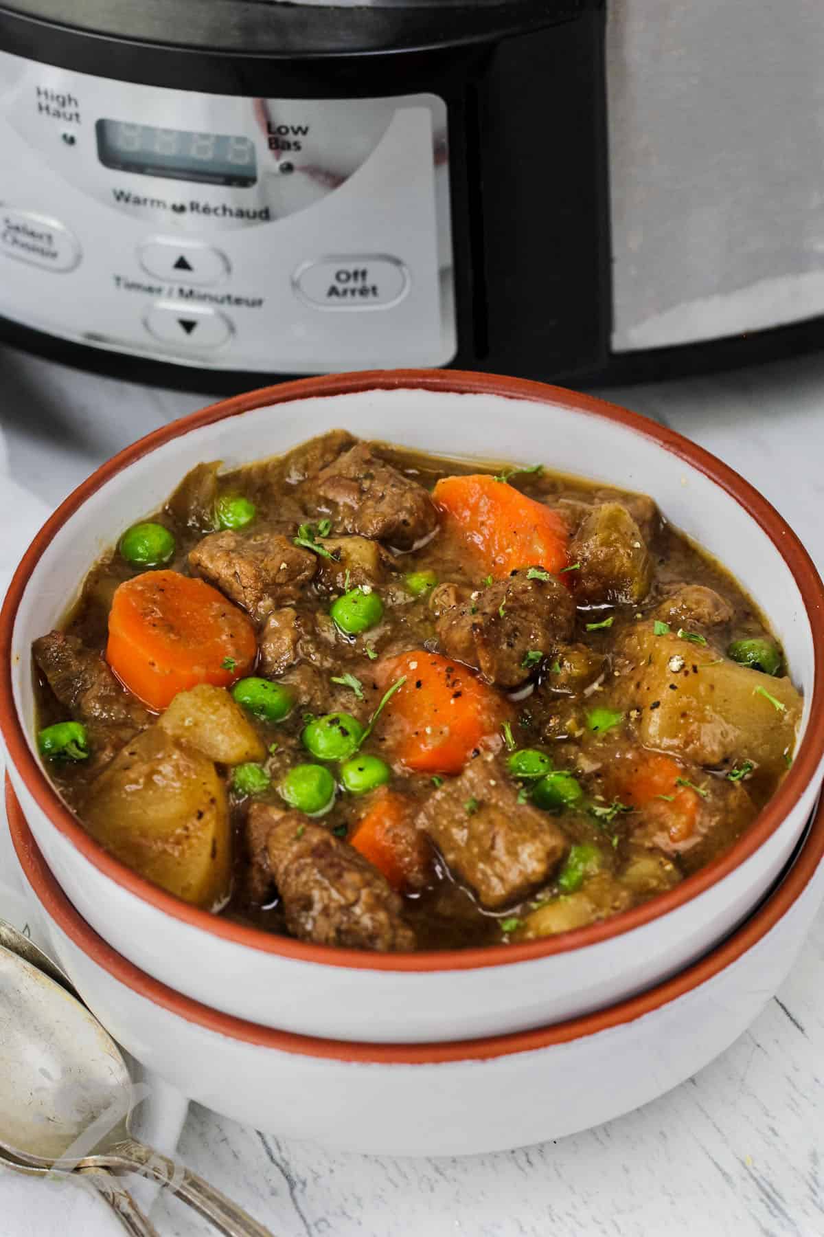 A bowl of slow cooker beef stew