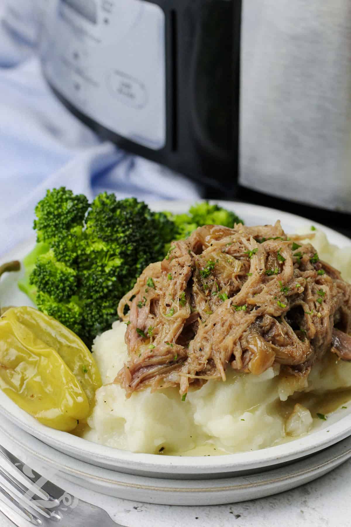 a serving of Mississippi Pork Roast on potatoes with broccoli