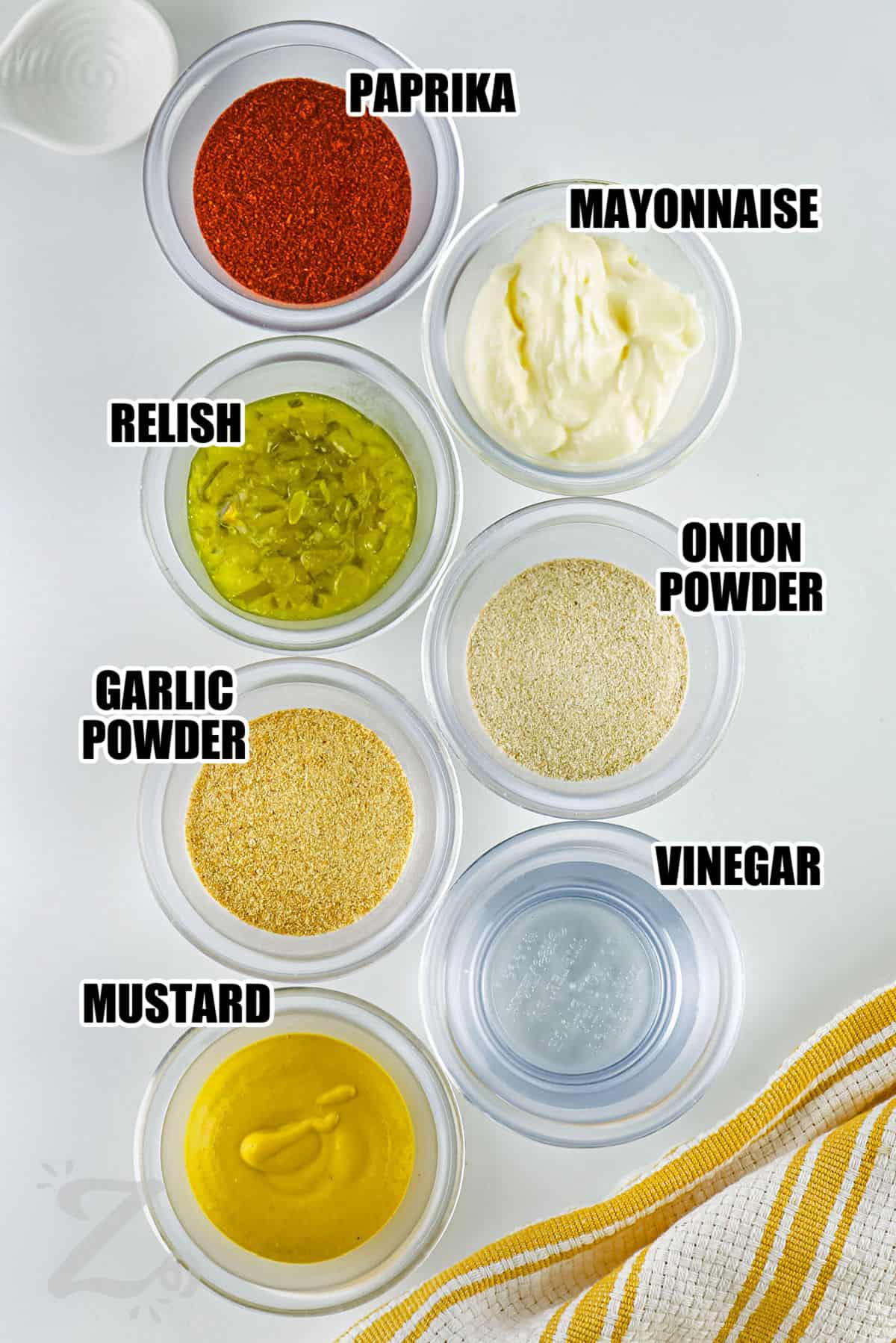 paprika , mayonnaise , relish , onion powder , garlic powder , vinegar and mustard with labels to make Copycat Big Mac Sauce