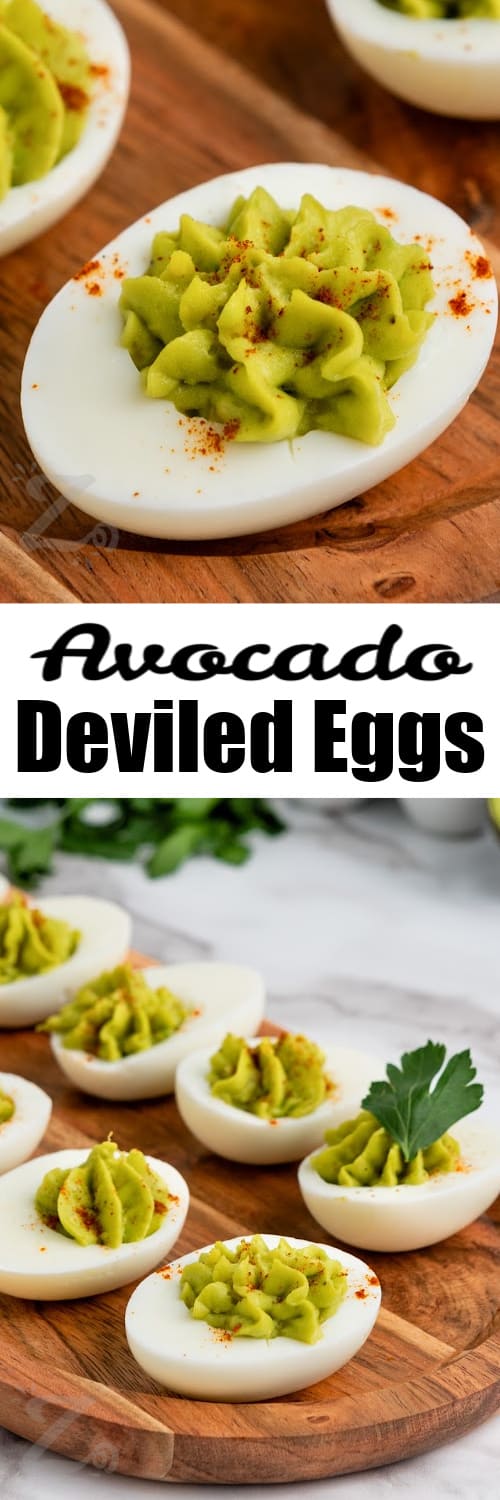 top image - an avocado deviled egg. Bottom image - avocado deviled eggs on a serving board with a title
