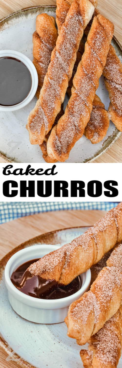 Baked Churros on a plate and dipped in chocolate with a title