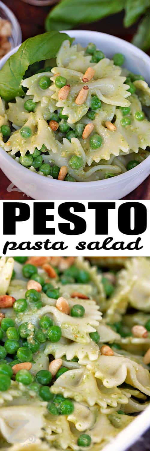 Bowtie Pesto Pasta Salad in a bowl and close up with a title