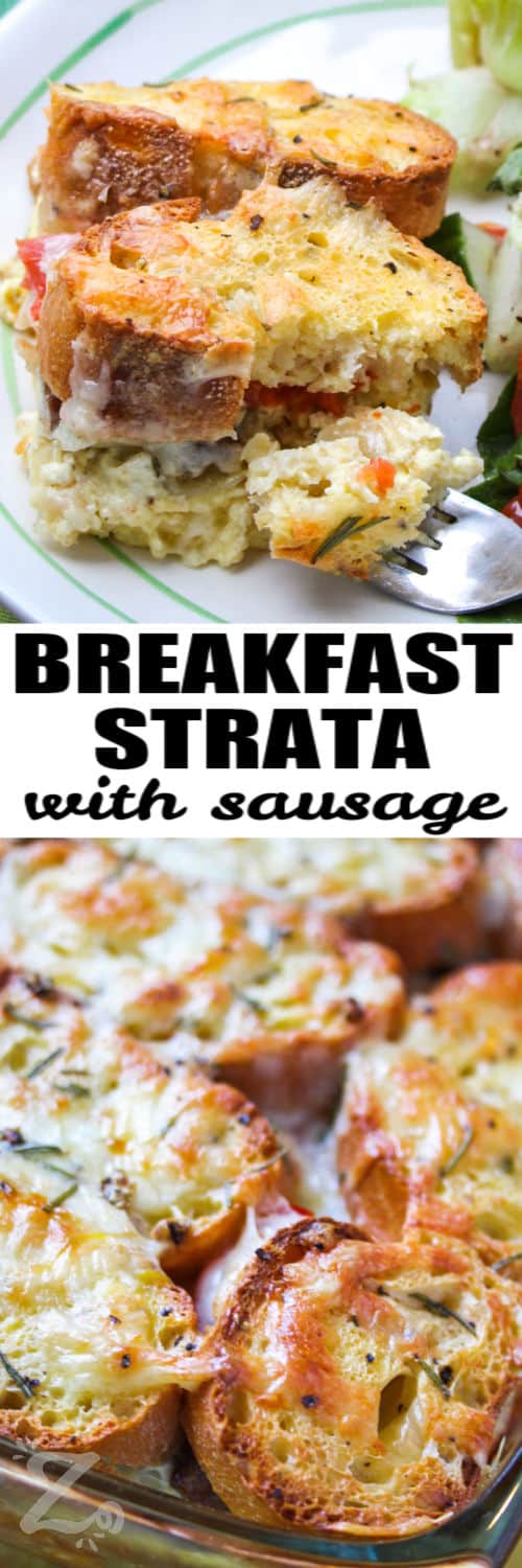 Breakfast strata on a plate with a tossed salad on the side, and baked breakfast strata in a glass casserole dish under the title