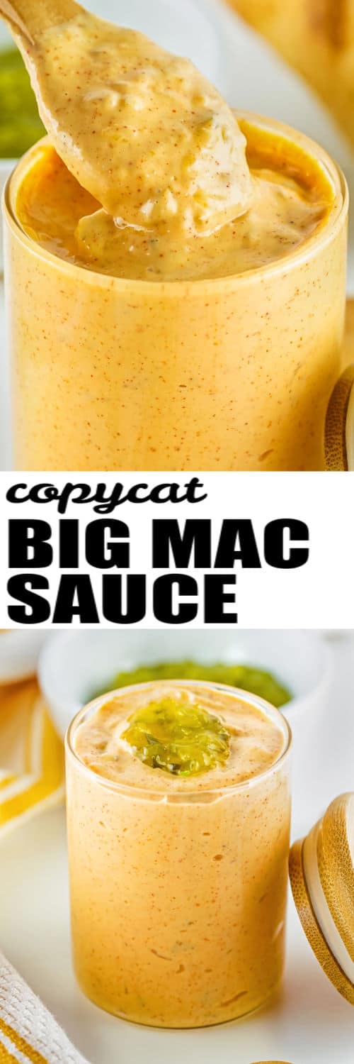 Copycat Big Mac Sauce in a jar and on a spoon with a title
